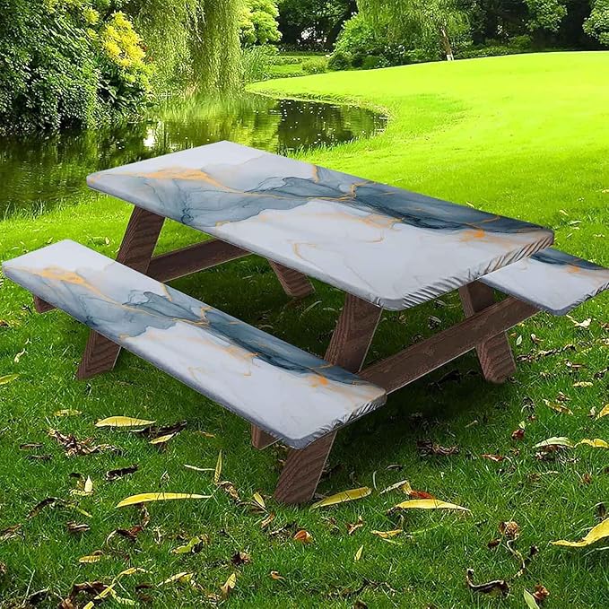 CAPSCEOLL Picnic Table Cover with Bench Covers 8Ft Waterproof Camping Tablecloth All-Weather Outdoor Table Protector with Drawstring Bag for Camping Essentials, 96X30In, Grey White