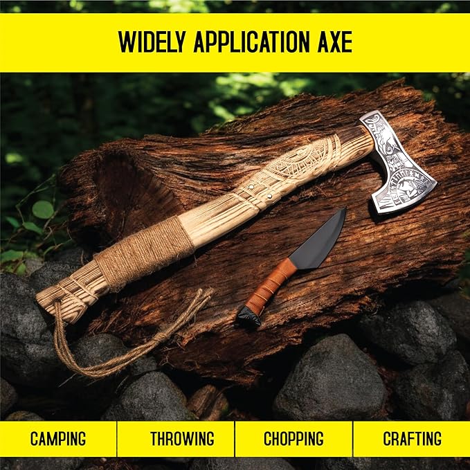 Viking Axe with Gift Viking Knife Also Leather Sheaths, Carbon Steel, Carved Wooden Handle, Bearded Heaven Hatchet for Camping, Throwing, Survival, Splitting, Felling, Chopping, Hiking (Axe - 02)
