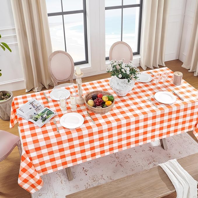 Softalker Halloween Gingham Checkered Rectangle Tablecloth - Waterproof Buffalo Plaid Table Cloth Stain Resistant Washable Table Cover for Picnic/Camping/Outdoor - Orange and White, 60 x 102 Inch