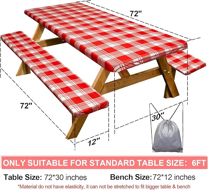 Picnic Table Cover with Bench Covers Camping Essentials Waterproof Windproof Camping Tablecloth with Drawstring Bag, Fitted Rectangle Tables and Seats, 72in, Red Checkered