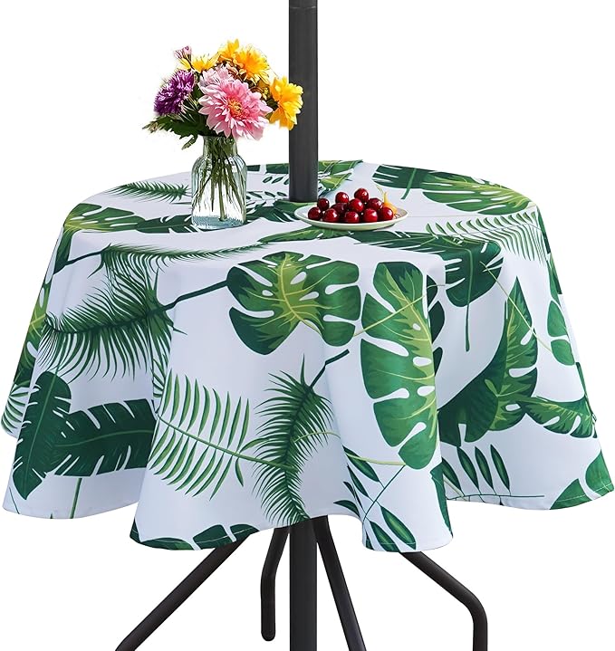 SquarePie 52'' Round Outdoor Tablecloth with Zipper and Umbrella Hole, Waterproof Spillproof Zippered Table Cloth Cover for Picnic Patio Family Gatherings, Palm Leaf
