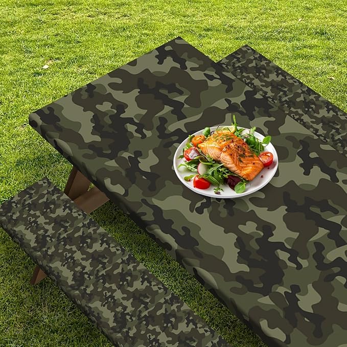 Picnic Table Cover with Bench Covers Elastic Edges, Camouflage Camper Fitted Table Cover, Outdoor Camping Essentials 72 Inch 3PCS, Waterproof Camping Fitted Tablecloth with Drawstring Bag