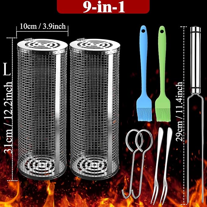 Rolling Grilling Baskets for Outdoor Grill Bbq Net Tube Stainless Steel Large Round Mesh Barbecue Accessories Wire Cylinder Cage Picnic Cooking Camping Basket for Veggies Vegetable Fish Meat