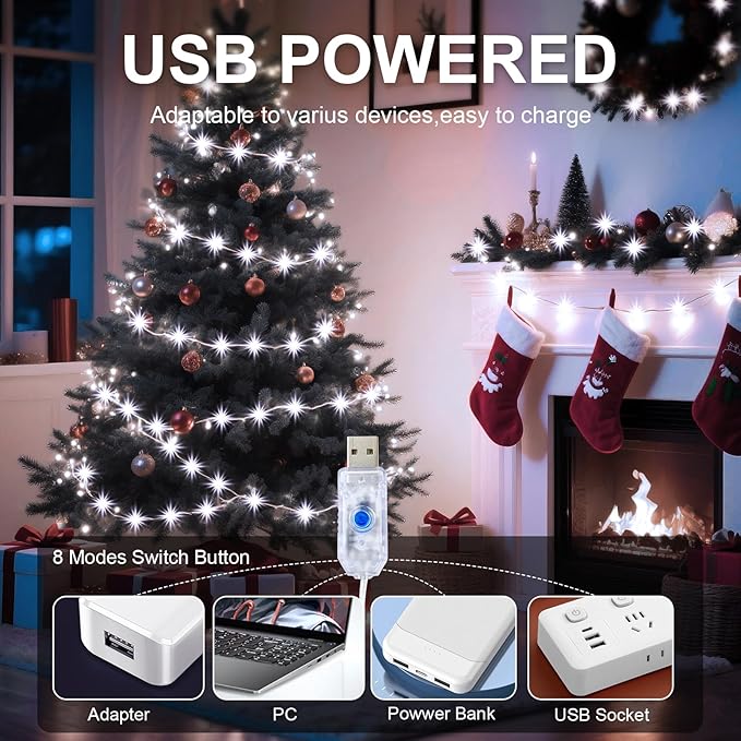 2Pack LED Fairy String Lights,16ft 50 LED with Remote and Timer, 8 Modes, USB Powered and Battery Powered String Lights for Bedroom Party Indoor Christmas Decoration