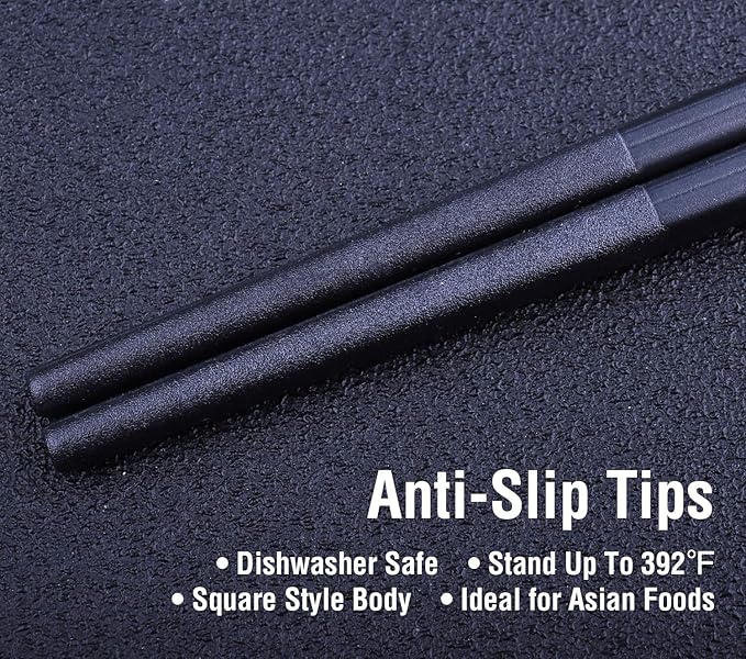 5 Pairs Fiberglass Chopsticks, GLAMFIELDS Reusable Japanese Chinese Chop sticks Dishwasher Safe, Non-slip, 9 1/2 inches - Black with Multi-purpose Drawstring Bag Carrying Case