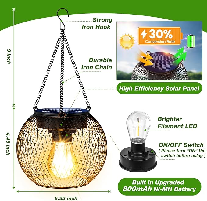 Solar Lanterns Outdoor Waterproof 2 Pack, 13.45" Metal Solar Hanging Lights with Hooks & Auto On/Off, Brighter Warm Outdoor Hanging Lantern Lighting for Porch Garden Yard Pathway Decor