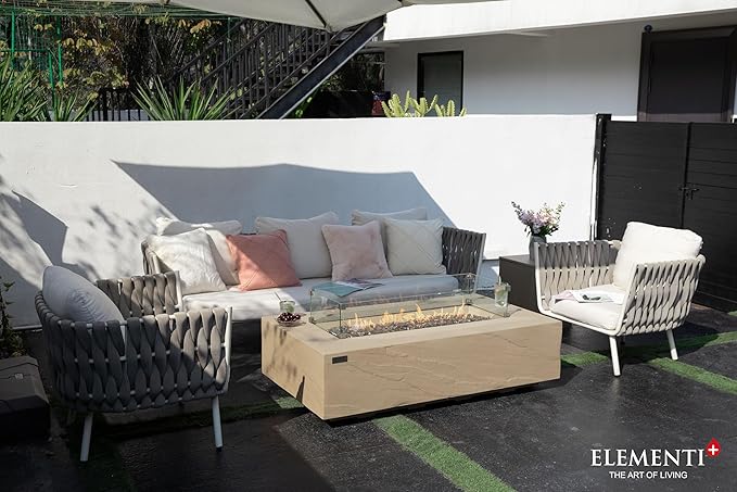 Elementi+ | Bundle Colorado Gas Fire Pit Cast Concrete 56" Rectangular Fire Table | Electronic Ignition | Canvas Cover, Fire Glass and Burner Lid Included | Sunlight Yellow | Propane Gas