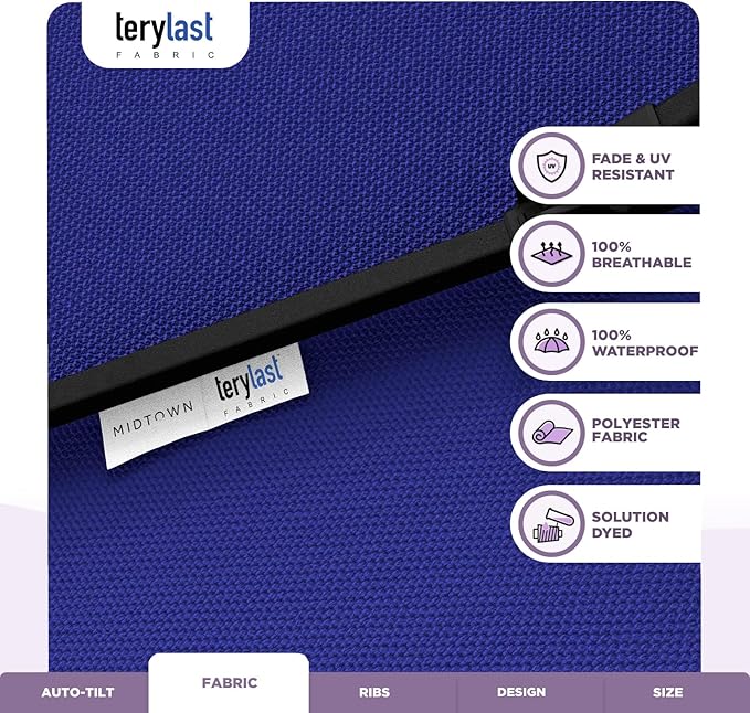 Midtown Umbrellas 10-Year-No-Fade - 8 Ft - UV Proof Royal Blue Polyester Fabric - Umbrella Outdoor Patio, Auto-Tilt Aluminum Frame Patio Umbrella for Garden, Pool & Deck - Black Pole