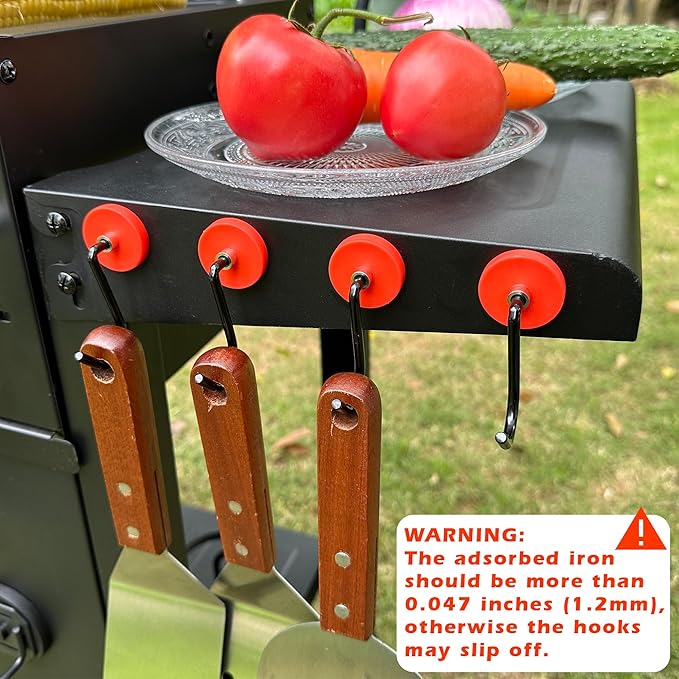 Smoker Grill Hooks, 4 Pack Heavy Duty Magnetic Mount Barbecue Hook for Hanging, Non-Slip Universal Magnetic Hooks for Grills,Accessories Storage with Spatula,Fork,Brush & BBQ Tongs(Red)