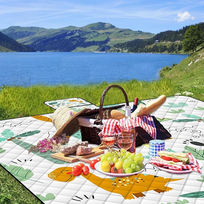 Extra Large Picnic Blanket Waterproof,80"x 80"Foldable Machine Washable Beach Blanket,Outdoor Blanket for 6-8 Adults,Suitable for Indoor Crawling,Park Beach,Camping,Hiking,Family Travel(Dinosaur)