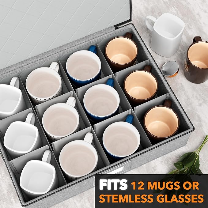 SpaceAid Cup and Mug Storage Organizer 2 Pack, China Storage Containers, Hard Shell Quilted Cases with Soft Plate Separators, Moving Supplies Packing Boxes for 24 Tea Cups or Coffee Mugs (Grey)
