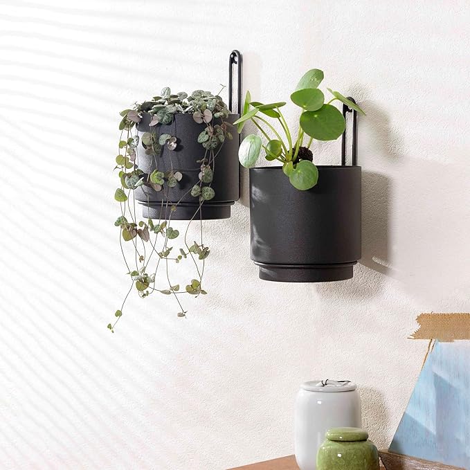 2 Pcs Wall Mounted Hanging Planter Vase for Indoor and Outdoor Plants Modern Metal Wall and Ceiling Planter Minimalist Flower Pot (Black, 5.91 inch)