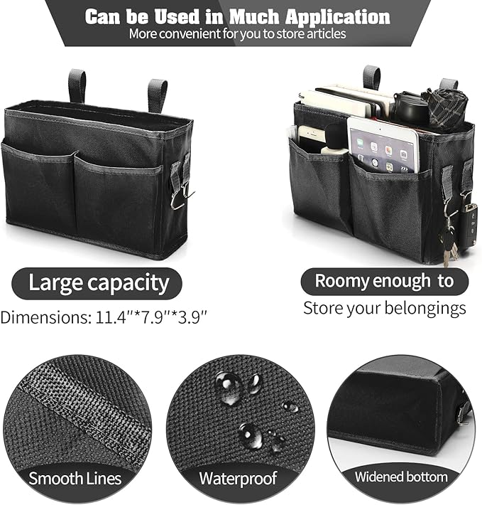 Bunk Bed Organizer, Bedside Caddy Hanging Bed Organizer Storage Bag with 4 Pockets and 2 Hooks, for College Dorm Rooms Bed, Hospital Bed, Baby Bed Rails, 600D Oxford Cloth (Black)