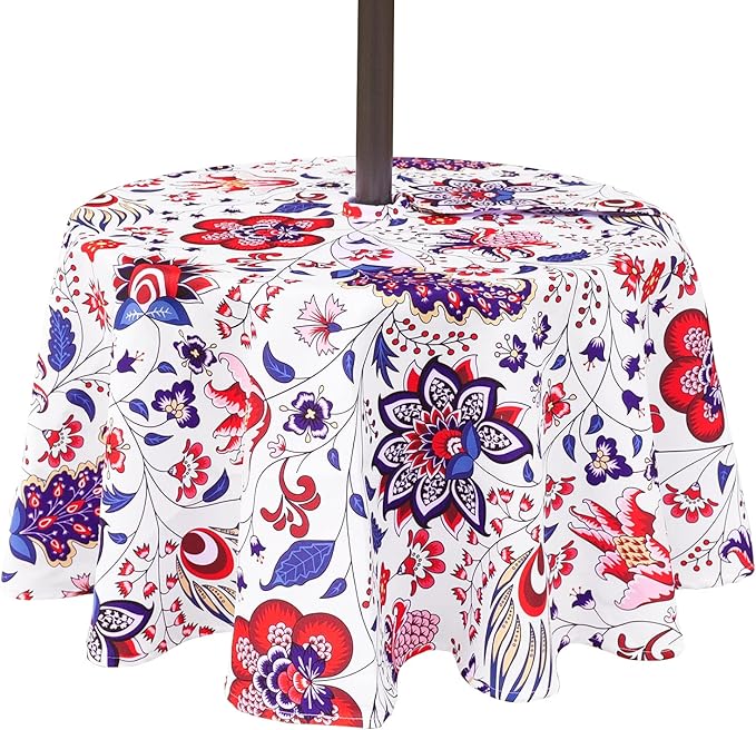 SquarePie Outdoor Indoor 60'' Round Tablecloth with Umbrella Hole and Zipper, Waterproof Patio Zippered Table Cloths for Spring Summer Party Picnic, Gorgeous Flowers