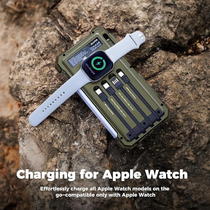 BLAVOR Solar Power Bank 20000mAh/74000mWh Built-in Cables, Wireless Charger for Apple Watch, 20W Fast Charging Battery Pack with USB C, Flashlight, Solar Charger for iPhone, iPad, iWatch, Samsung