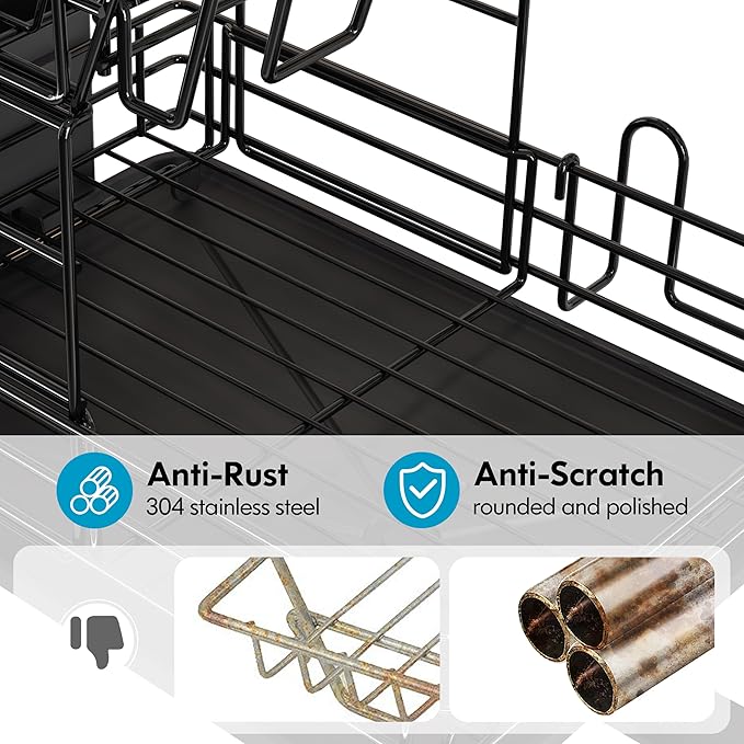 2 Tier Black Large Stainless Steel Dish Drainers Drying Rack for Kitchen Counter with Drainboard, Rust Proof Metal, Space Saving, Modern Aesthetic, Compact Plates Strainers with Extra Mat