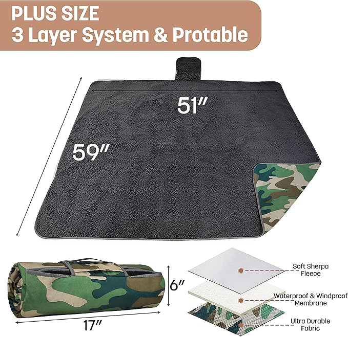Tirrinia Waterproof Outdoor Blanket with Sherpa Lining, Windproof Triple Layers Warm Comfy Foldable for Camping Stadium, Beach, Picnic, Grass, Concerts, Car, Dog, 51''X 59'' & 59''X 80''