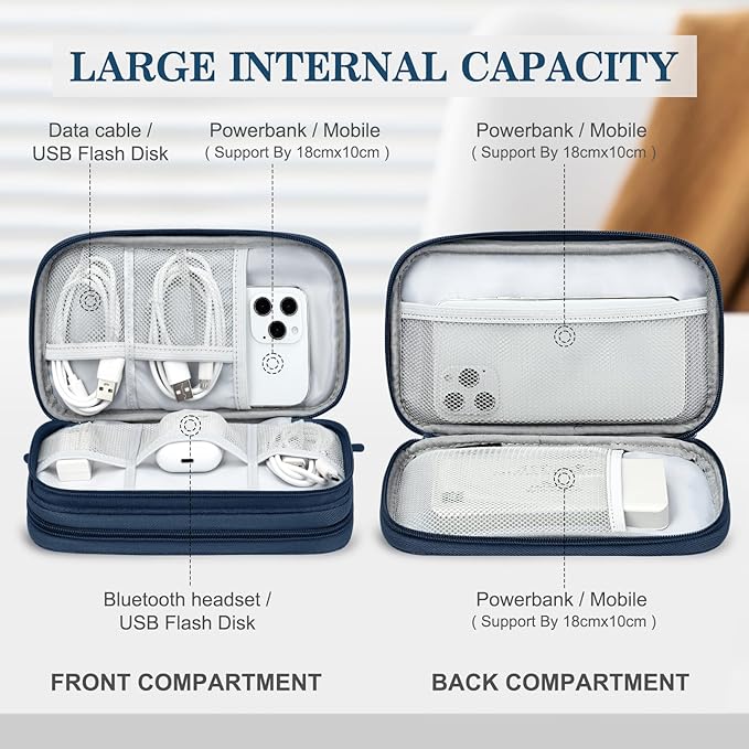 FYY Electronic Organizer, Travel Cable Organizer Bag Pouch Electronic Accessories Carry Case Portable Waterproof Double Layers Storage Bag for Cable, Cord, Charger, Phone, Earphone, Medium Size, Navy