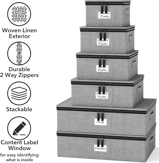 SpaceAid China Storage Containers 6 Pack, Stackable Hard Shell Quilted Cases with Soft Plate Separators, Moving Supplies Packing Boxes for Dishes, Plates, Platters, Mugs, Cups (Grey)