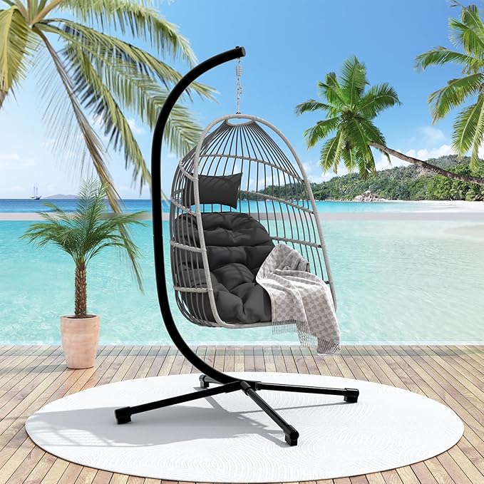 Foldable Hanging Egg Chair with Stand, HDPE Rattan and Heavy Duty Aluminum-Steel Frame, Outdoor Patio Wicker Swing Egg Chair with Headrest and Cushioned, 350 Lbs Capacity (Dark Grey)