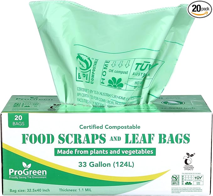 Compost Bags 33 Gallon Compostable Trash Bags, Extra Thick 1.1 Mil, Compost Kitchen Bin Bags, Food Scraps Yard Waste Bags, ASTM D6400 BPI & TÜV AUSTRIA Certified