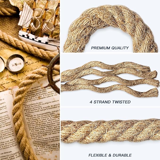 48 feet 1Inch Thick Manila Rope, JANNO Natural Twisted Hemp Rope for Tug War Home Garden Decorating, Hammock, Railings, Landscaping, Boat Fixing, Packing, DIY Arts Crafts, Cat Scratching Post and More