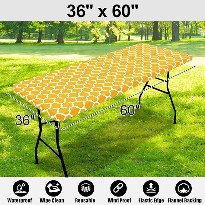 Smiry Rectangle Picnic Table Cover, Waterproof Elastic Fitted Camping Tablecloths for 5 Foot Tables, Wipeable Flannel Backed Vinyl Tablecloth Protector for Indoor, Outdoor (Yellow, 36x60 Inches)