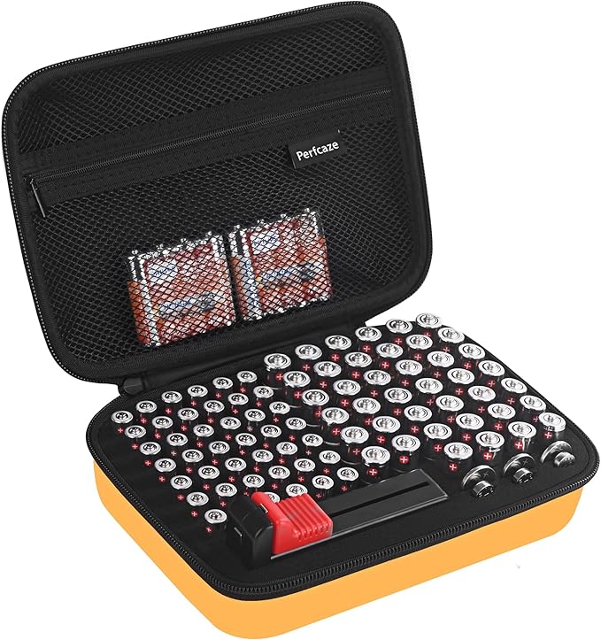 Battery Storage Case for AA AAA Button Cells, Battery Organizer Case, for 3 Batteries Variety Pack 88 Batteries Mesh Bag (Batteries Not Included) (YELLOW)