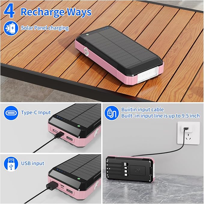 Solar Charger Power Bank 49800mAh, Portable Phone Charging Built-in 4 Cables 22.5W Fast Charging for Cell Phones, Type-C input/Output Port Solar Panel Charger with Dual Flashlights&Compass for Camping