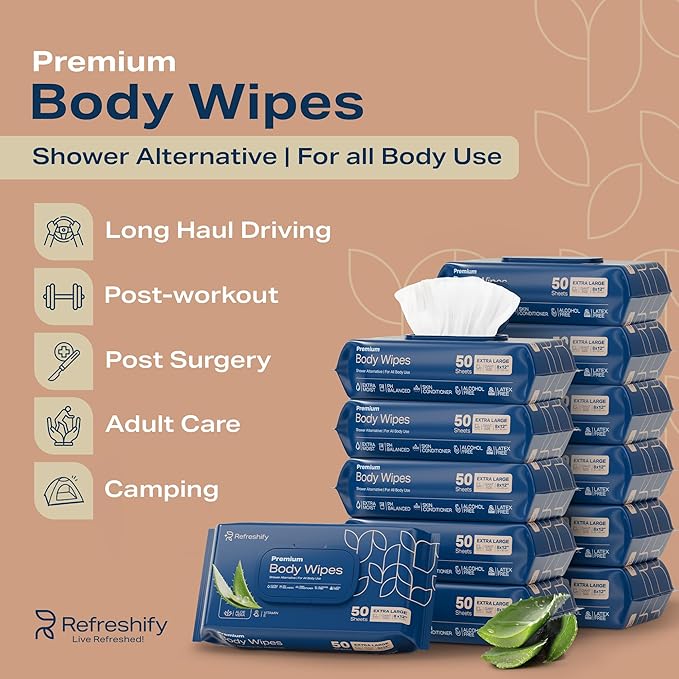 Extra Large Shower Body Wipes for Adults 8" x 12" (600 count) + 12 Travel Packs | Adult Wipes for Elderly, Bathing No Rinse, Vitamin E and Aloe, 12 Packs of 50