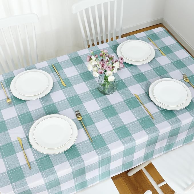 Romanstile Rectangle Plastic Tablecloth, 100% Waterproof Oil-Proof Checkered PVC Table Cloth, Heavy Duty Vinyl Table Cover for Dining, Camping, Picnic, Outdoor - 52 x 70 Inch, Sage Green Checkered