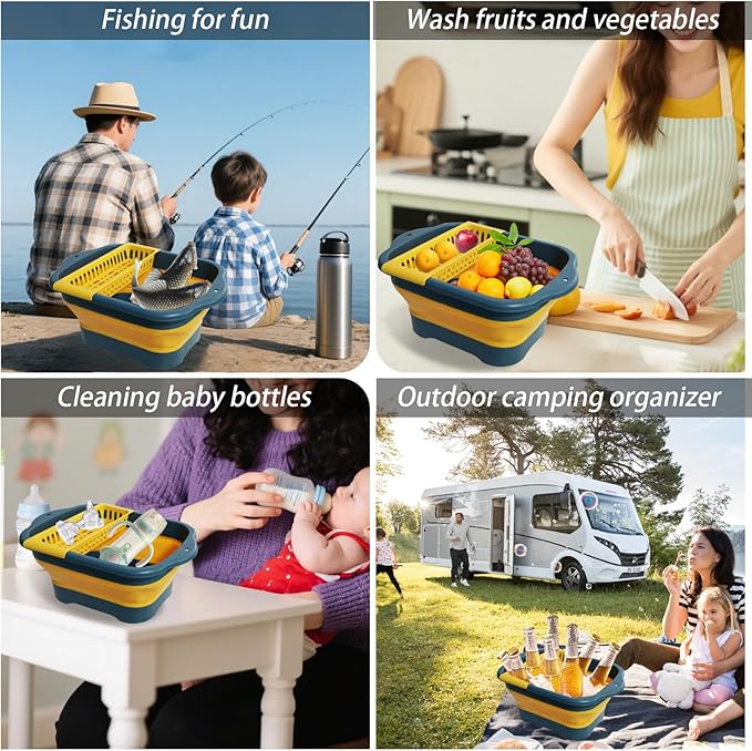 2.77 Gallon (10.5L) Collapsible Dish Basin with Drain Plug, Yellow Camping Dish Basin for RV, Space-Saving Foldable Wash Tub, BPA-Free Portable Sink for Vegetables and Dishes- with Brush