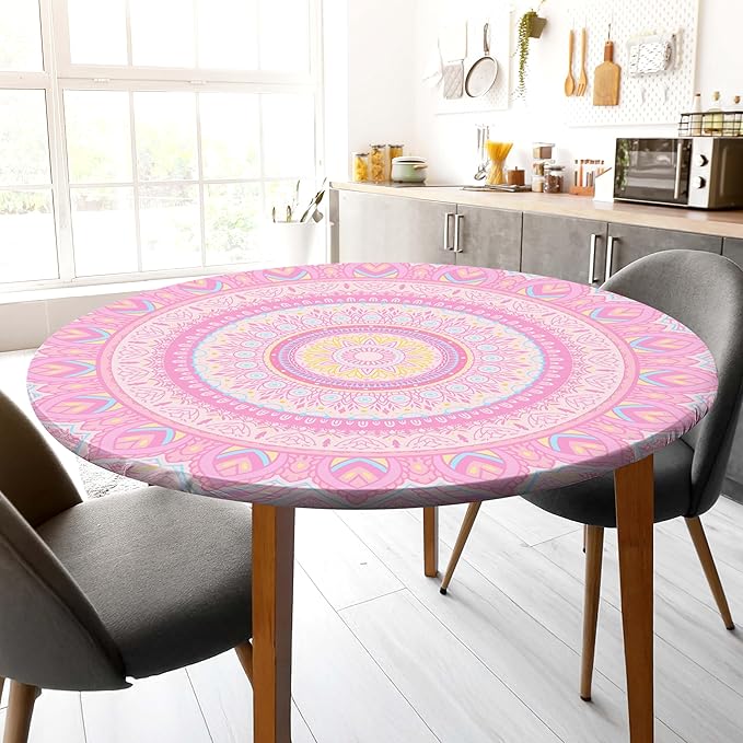 Round Tablecloth Fitted Elastic Table Cover Waterproof Table Cloth for Dinner, Party, Picnic,Camping, Round Table Cover for Indoor Outdoor