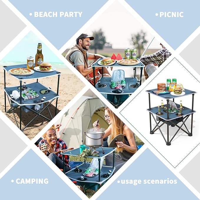 Folding Beach Table, Camping Table for Sand with Insulated Cooler Storage & 4 Cup Holders, Portable Pop Up Picnic Table, Lightweight Side Table for Outdoor