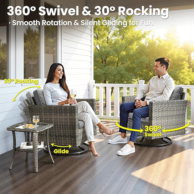 ovios 7 Pieces Patio Furniture Set with 42" Fire Pit Table, Outdoor Wicker Sofa with Swivel Chairs, All Weather High Back Rattan Couch Conversation Set, Dark Grey