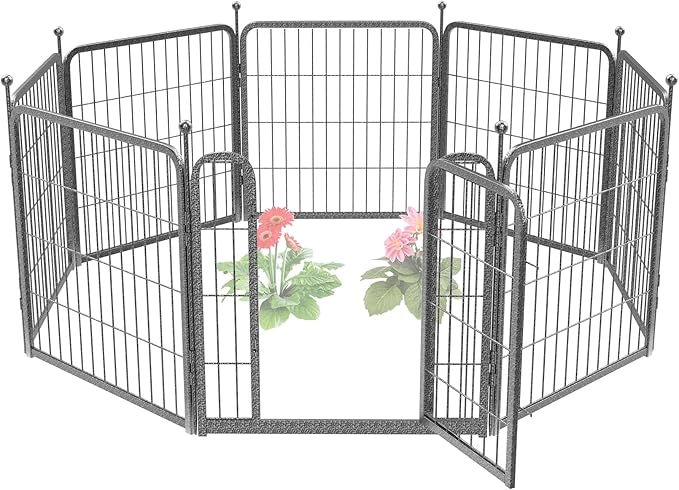 FXW Garden Fence with Door, 24in(H) x 15ft(L) 8 Panels Dog Fence Outdoor for The Yard - Heavy Duty Metal Fencing Tall Animal Barrier for Dog and Rabbit, Easy Assemble