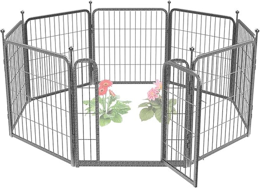 FXW Garden Fence with Door, 24in(H) x 15ft(L) 8 Panels Dog Fence Outdoor for The Yard - Heavy Duty Metal Fencing Tall Animal Barrier for Dog and Rabbit, Easy Assemble