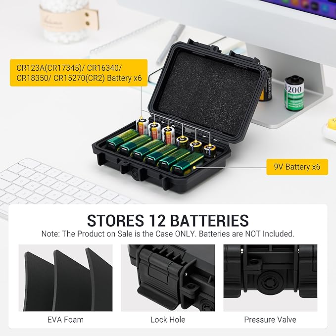 KIWIFOTOS 12 Slots 9V & CR2 CR123A Battery Storage Organizer Case IP67 Waterproof Hard Case for CR17345/ CR16340/CR18350/CR15H270 9V Battery Holder for Household Outdoor Camping Fishing
