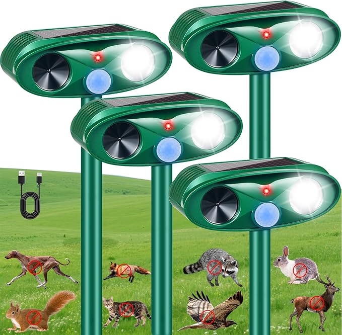 2025 Upgraded Solar Animal Repellent Outdoor Cat Deterrent Deer Repellent Devices with Motion Sensor & Flashing Light,Ultrasonic Control for Squirrel Raccoon Dog Rabbit Skunk for Yard Garden,4 Pack