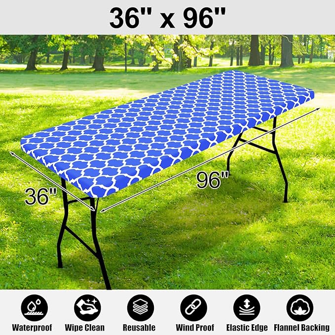 Smiry Rectangle Picnic Table Cover, Waterproof Elastic Fitted Camping Tablecloths for 8 Foot Tables, Wipeable Flannel Backed Vinyl Tablecloth Protector for Indoor, Outdoor (Blue, 36x96 Inches)