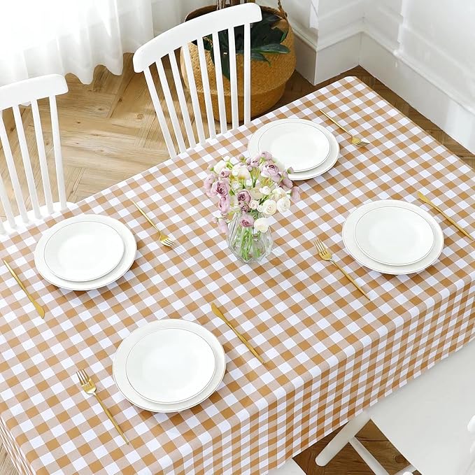 Romanstile Rectangle Vinyl PVC Tablecloth, 100% Waterproof Buffalo Plaid Plastic Table Cloth, Oil Proof Heavy Duty Wipeable Table Covers for Dining/Camping/Picnic/Outdoor - 54 x 120, Coffee and White