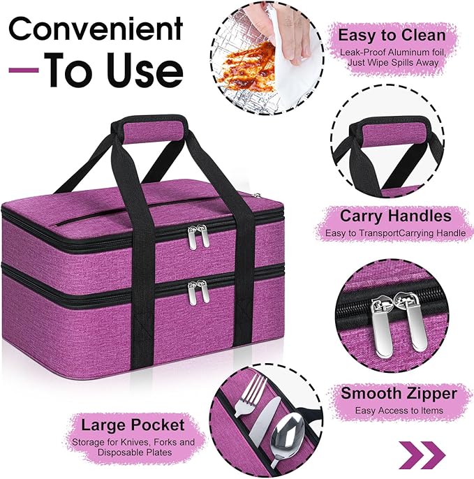 Double Insulated Casserole Carrier, Portable Casserole Carrier for Hot or Cold Food Lunch Tote Warmer or Cooler Bag, Lasagna Lunch Bag for Potluck Parties- Fits 9" x 13" Baking Dish-Rose Purple