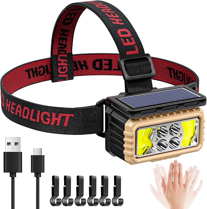 Solar Headlamps for Camping, Rechargeable LED Headlight for Adults with Motion Sensor, Six Adjustable Lighting Modes, Waterproof and Lightweight, Flashlight for Cycling, Hiking, Fishing(1-Pack,black)