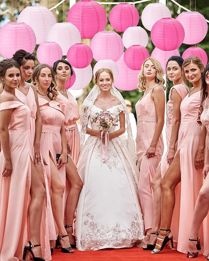 Treela 48 Pcs Paper Lanterns Party Decorations Chinese Round Paper Lanterns 4/6/8/10 Inch Asian Hanging Lamps Decorative for Birthday Party Supplies (Pink Series)