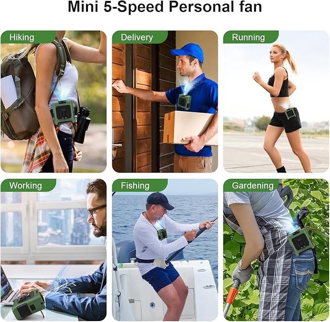 Portable Fan Wearable Personal Fan with 5 Speed Max 55 Working Hours Low Noise Portable Neck Fans Cooling Waist Fans for Camping Traveling LED Power Display 10000mAh Rechargeable (Dark Green)