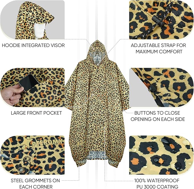 PTEROMY Hooded Rain Poncho for Adult with Pocket, Waterproof Lightweight Unisex Raincoat for Hiking Camping Emergency