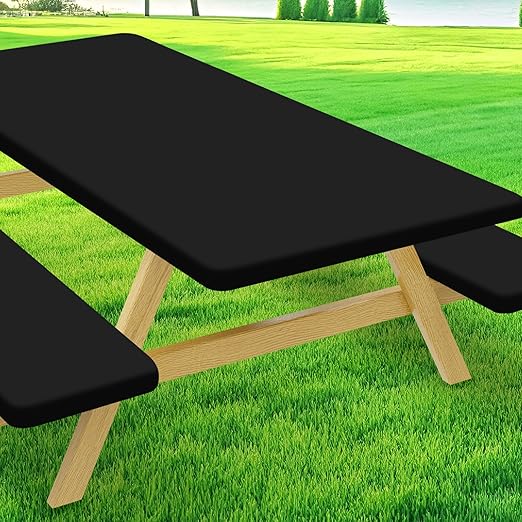 Picnic Table Cover with Bench Covers, Elastic Fitted Spandex Tablecloths for 8 Foot Rectangle Tables, Stretch Washable Patio Tablecloth for Outdoor, Camping (Black, 30"x96")