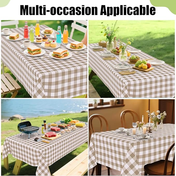Smiry Rectangle Table Cloth, Waterproof Vinyl Tablecloth with Flannel Backing, Wipeable Buffalo Plaid Table Cover for Dining, Indoor and Outdoor (Khaki & White, 60"x102")