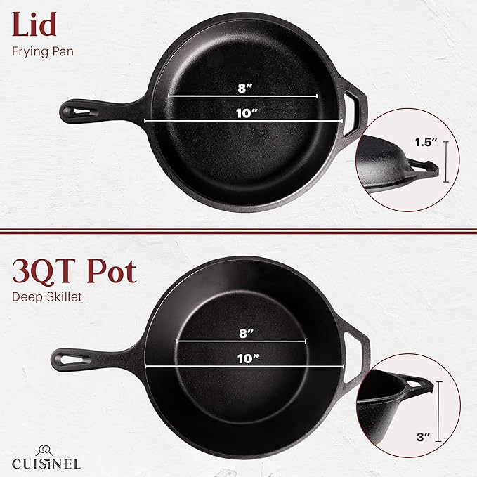 Cuisinel Cast Iron 2-In-1 Multi Cooker - 3-Quart Dutch Oven and Skillet Lid Set Oven Safe Cookware + Black Pan Scraper - Use As Dutch Oven and Frying Pan - Indoor and Outdoor Use - Grill, Stovetop