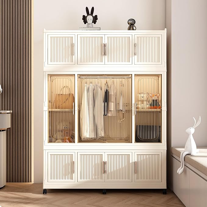 Collapsible Expandable Wardrobe Closet, Multi-Function Plastic Wardrobe,Wardrobes Storage Cabinet (12 Cubes+1 Hanging Rod)